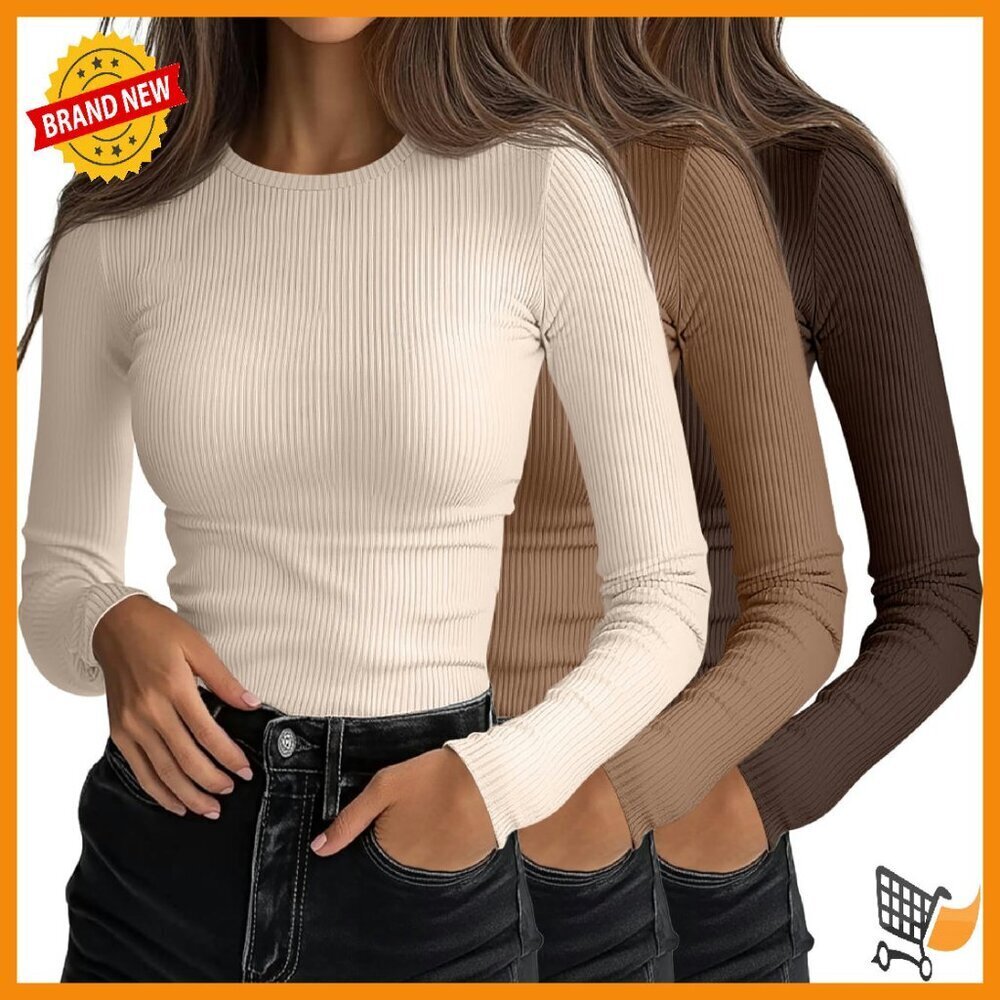 3 Pack Ribbed Long Sleeve Tees Slim Fit Stretch Layering Basic Tops